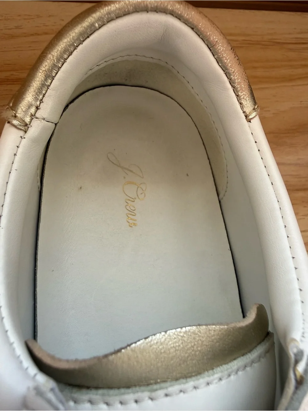 J.Crew Saturday White Leather Sneakers Gold Heel Tab Sz 7.5 Runs Big